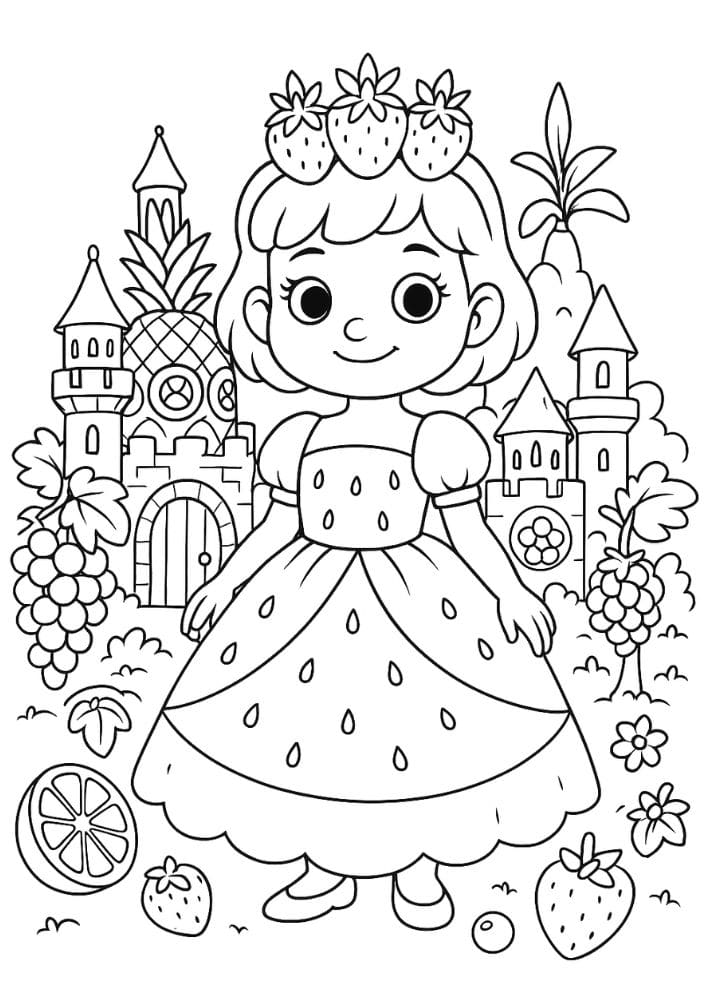 Free Printable Princess Coloring Pages for Kids Inclusive Colouring Book Printout fruit princess watermelon strawberry pineapple