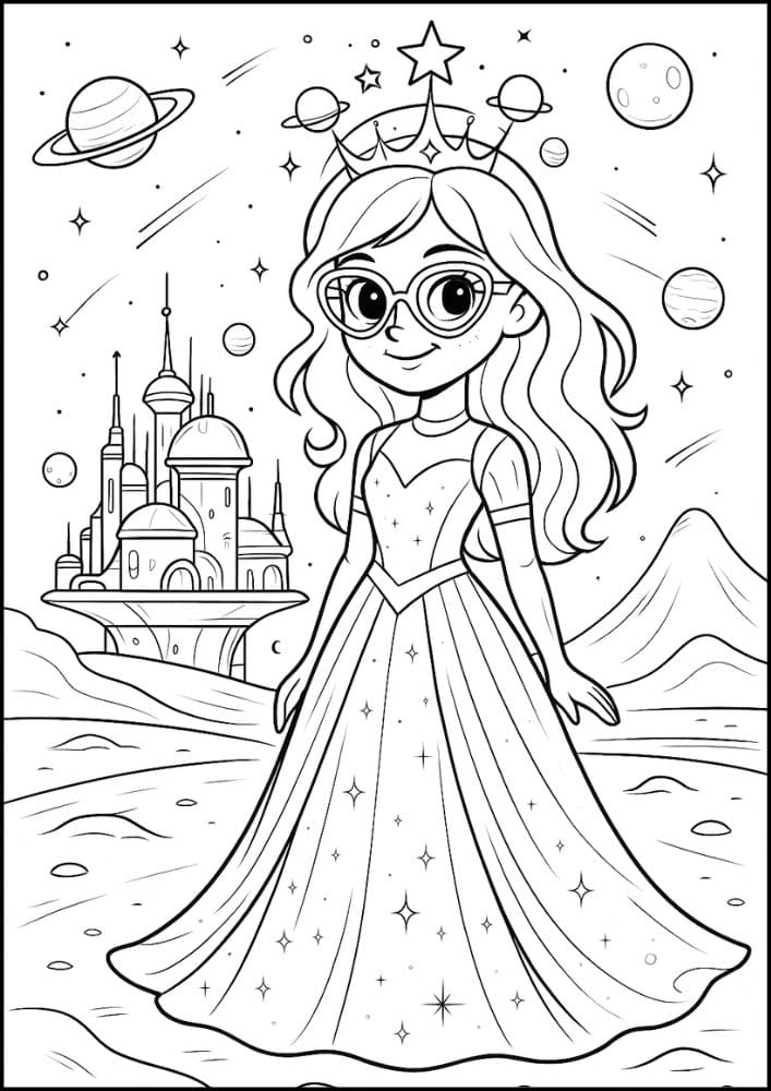 Free Printable Princess Coloring Pages for Kids Inclusive Colouring Book Printout sci fi outer space alien princess
