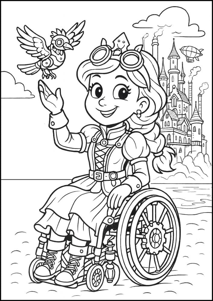 Free Printable Princess Coloring Pages for Kids Inclusive Colouring Book Printout steampunk wheelchair disabled inventor princess diverse diversity inclusive