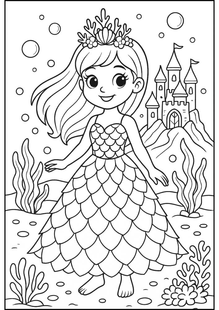 Free Printable Princess Coloring Pages for Kids Inclusive Colouring Book Printout under the sea ocean princess sand castle