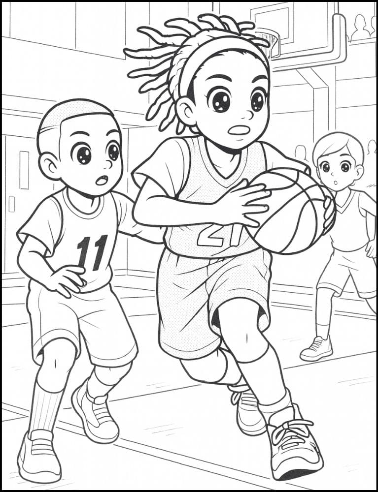 Free Printable Basketball Coloring Pages for Kids Sports Colouring Book Printout boys dribble shoot layup