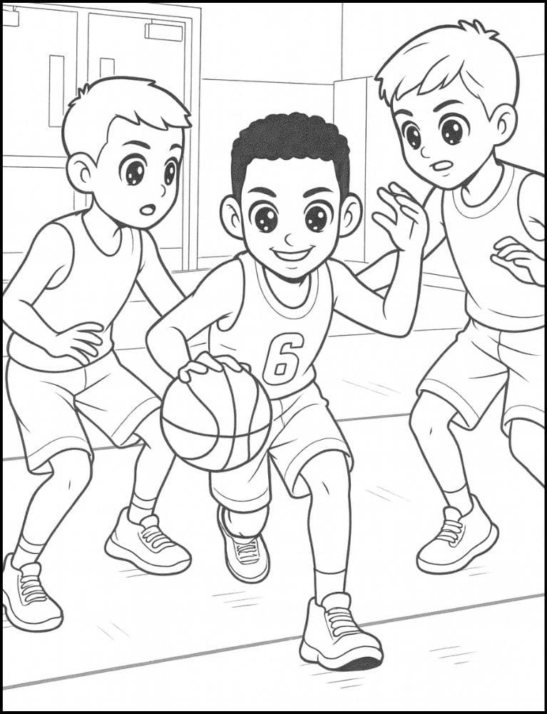 Free Printable Basketball Coloring Pages for Kids Sports Colouring Book Printout boys mens dribbling diverse