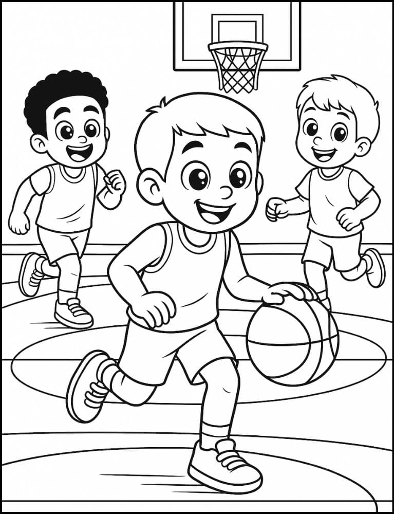 Free Printable Basketball Coloring Pages for Kids Sports Colouring Book Printout diverse boy man dribble court