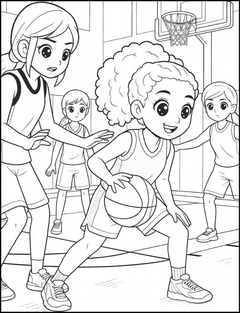 Free Printable Basketball Coloring Pages for Kids Sports Colouring Book Printout dribbling girls women diversity team