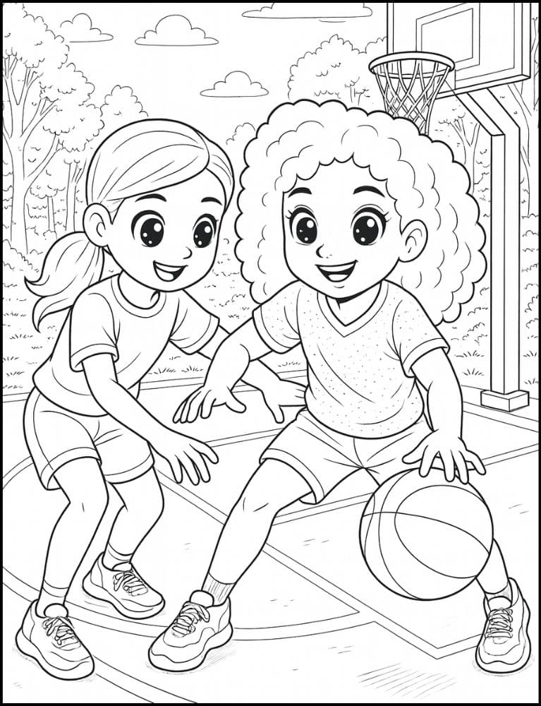 Free Printable Basketball Coloring Pages for Kids Sports Colouring Book Printout dribbling outside girls women diverse