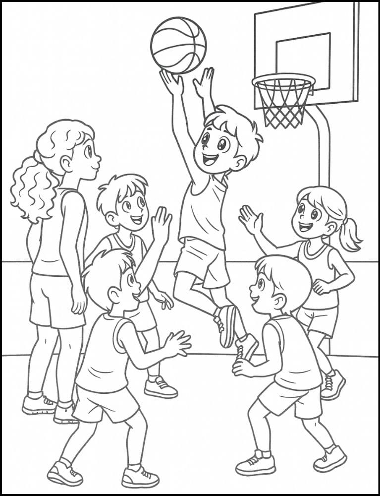 Free Printable Basketball Coloring Pages for Kids Sports Colouring Book Printout group boys girls shooting layup