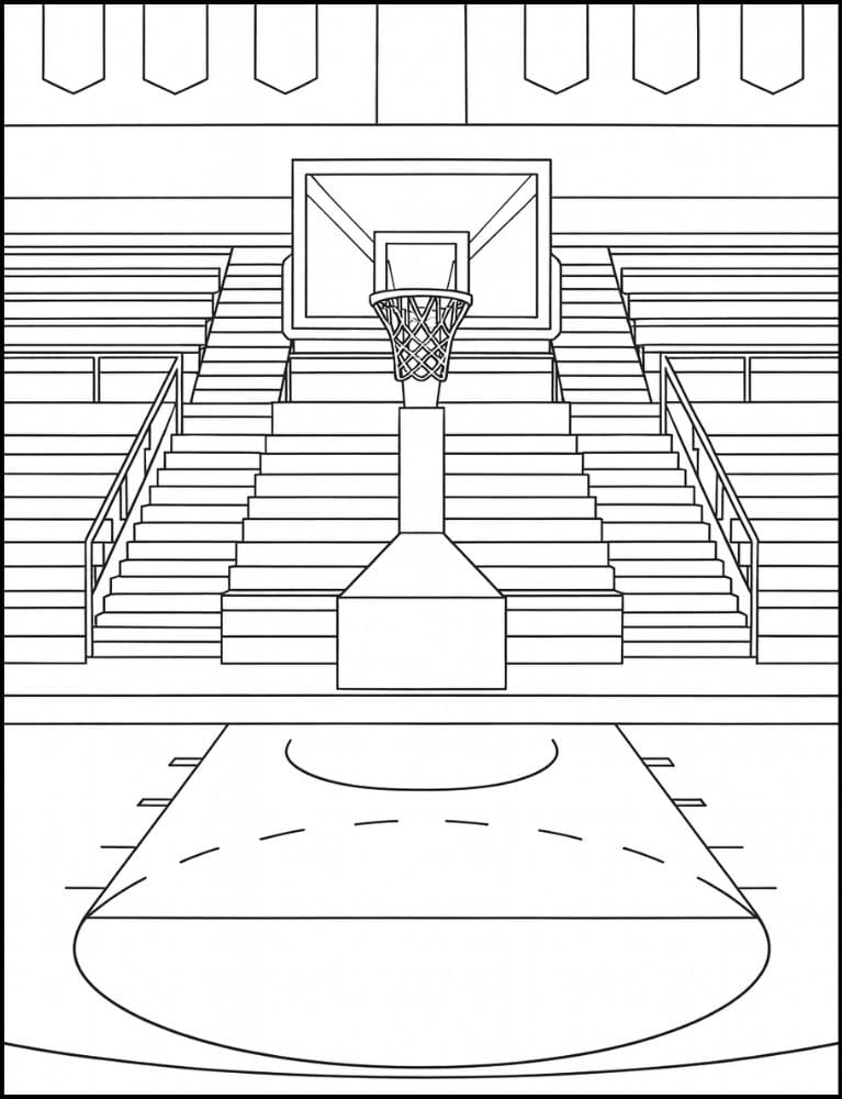 Free Printable Basketball Coloring Pages for Kids Sports Colouring Book Printout indoor court hoop bleachers stadium