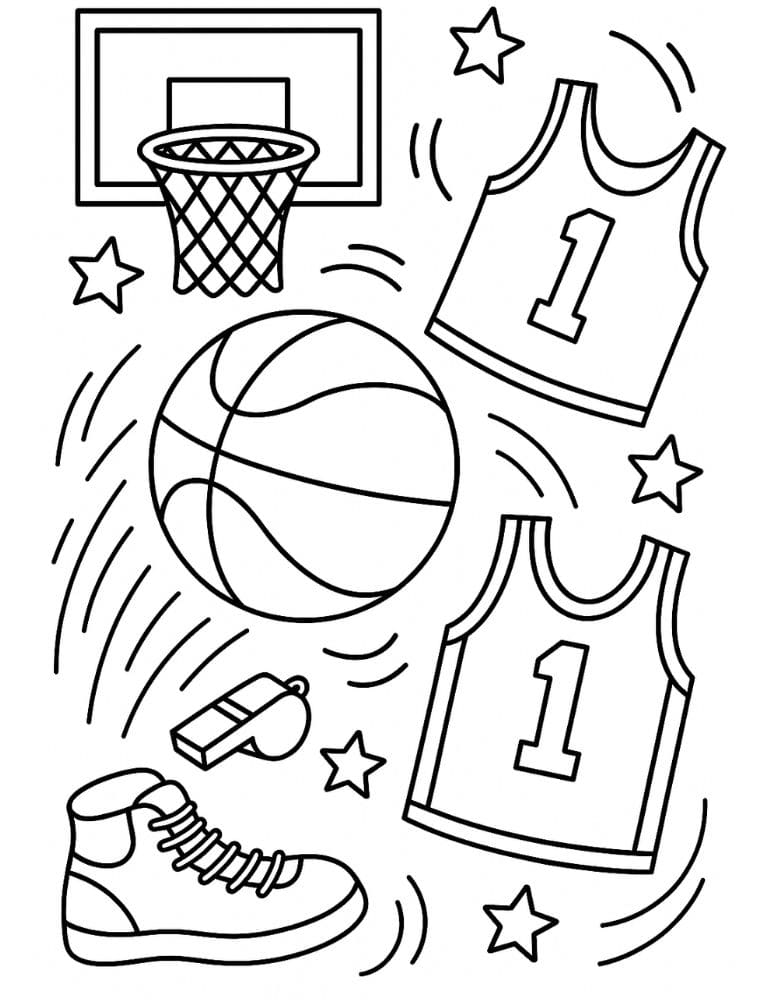 Free Printable Basketball Coloring Pages for Kids Sports Colouring Book Printout items whistle hoop ball jersey sneakers
