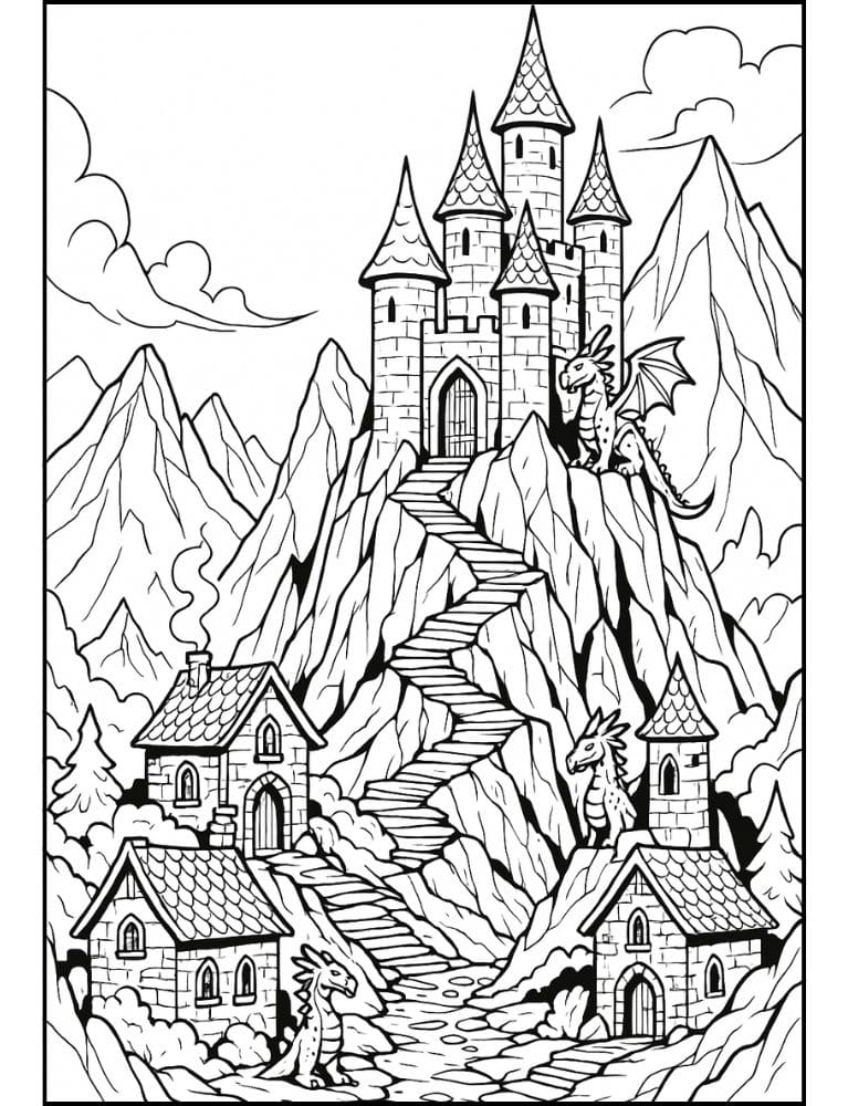 Free Printable Castle Coloring Pages for Kids Fairytale Colouring Book Printout Dragon Medieval