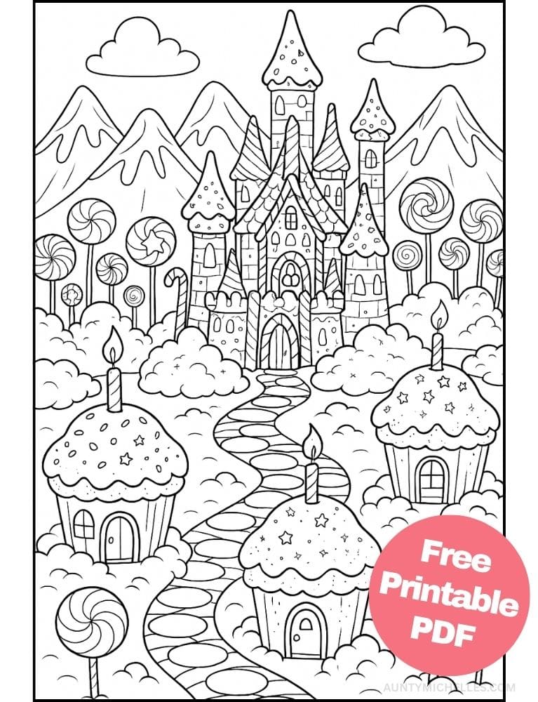 Free Printable Castle Coloring Pages for Kids Fairytale Colouring Book Printout candy cupcake icecream