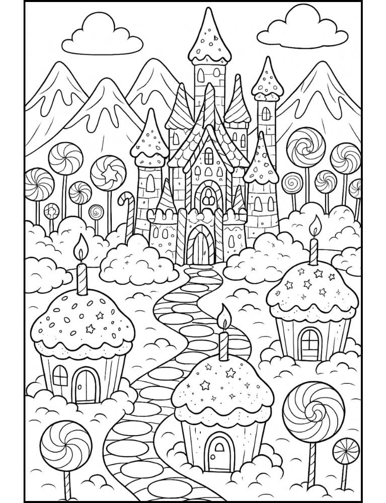 Free Printable Castle Coloring Pages for Kids Fairytale Colouring Book Printout candy cupcake icecream