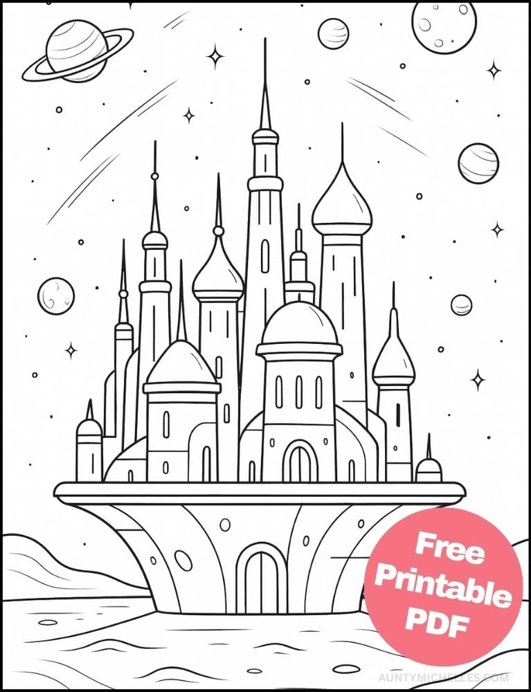 Free Printable Castle Coloring Pages for Kids Fairytale Colouring Book Printout scifi futuristic outerspace