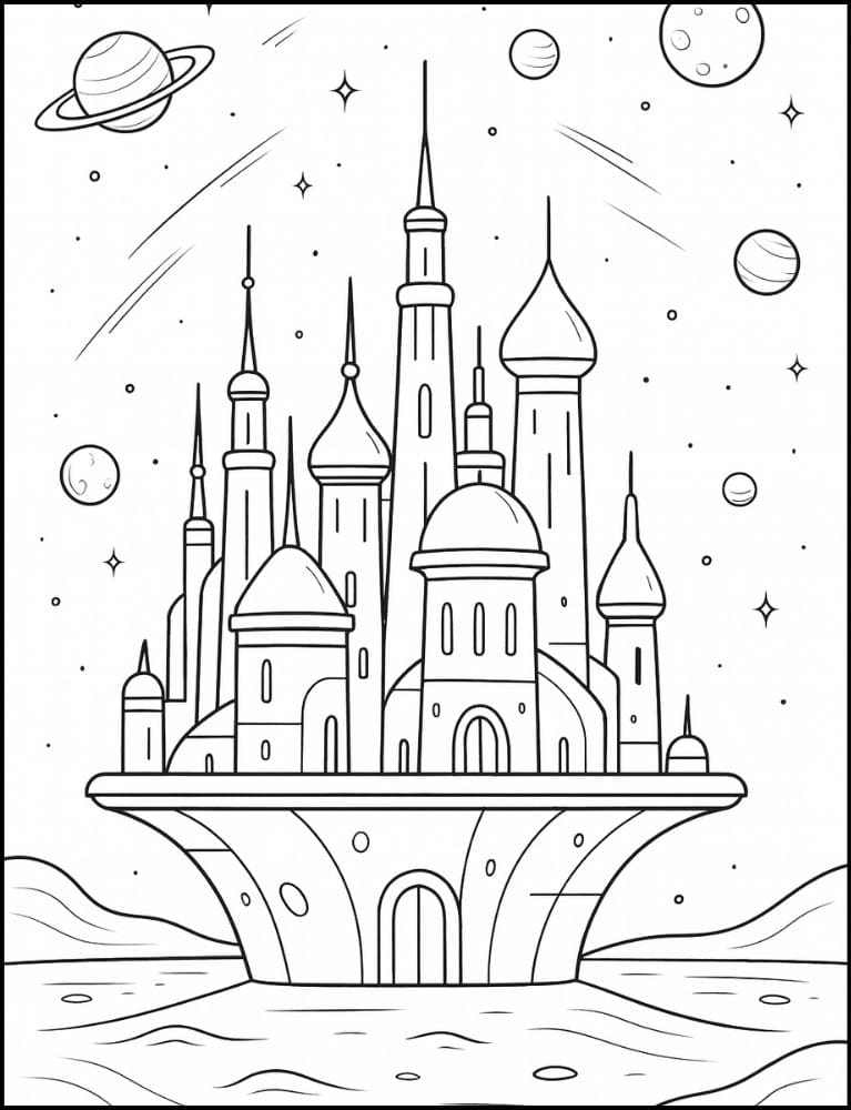 Free Printable Castle Coloring Pages for Kids Fairytale Colouring Book Printout scifi futuristic outerspace