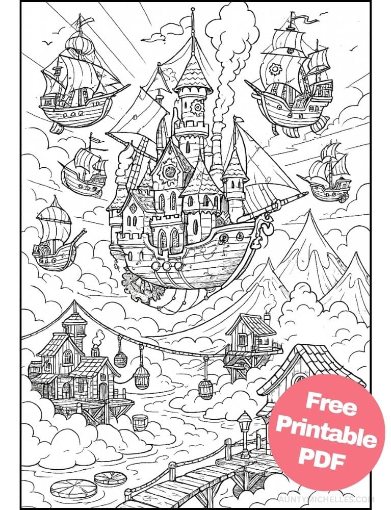 Free Printable Castle Coloring Pages for Kids Fairytale Colouring Book Printout steampunk ship