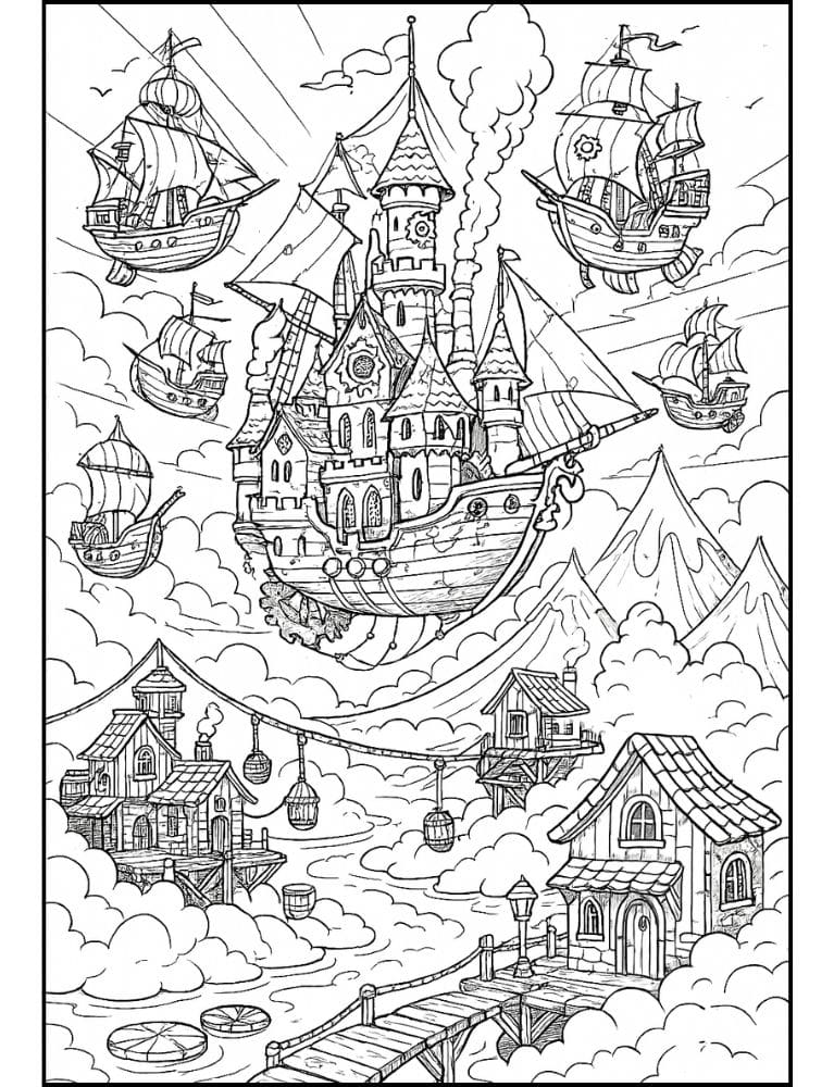 Free Printable Castle Coloring Pages for Kids Fairytale Colouring Book Printout steampunk ship
