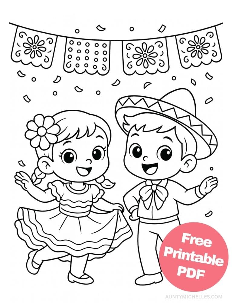 Free Printable Cinco de Mayo Coloring Pages for Kids Inclusive Colouring Book Printout Mexican folk dance papel picado