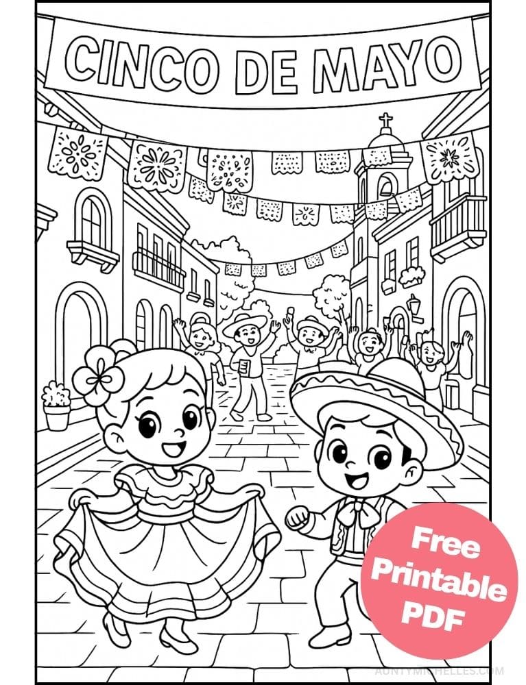 Free Printable Cinco de Mayo Coloring Pages for Kids Inclusive Colouring Book Printout Mexican street festival papel picado dance