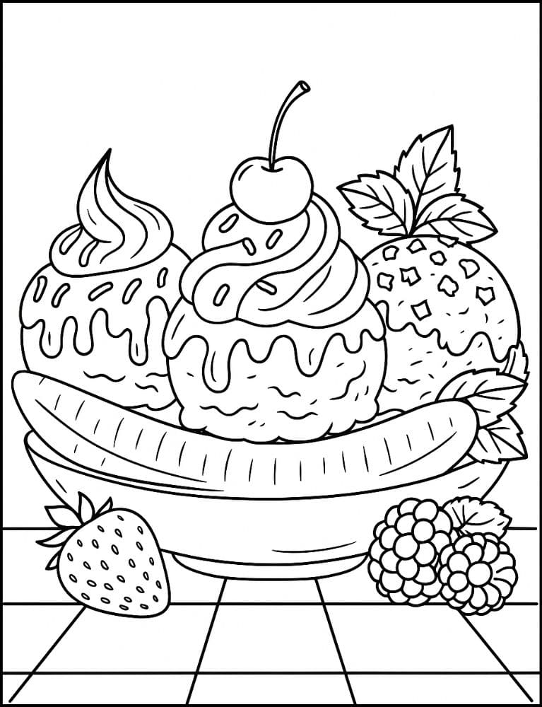 Free Printable Ice Cream Coloring Pages for Kids Summer Colouring Book Printout fancy banana split