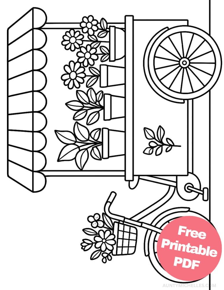 Free Printable Plant Coloring Pages for Kids Nature Colouring Book Printout flower bicycle cart
