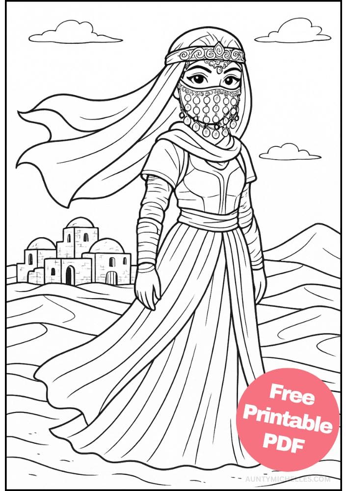 Free Printable Princess Coloring Pages for Kids Inclusive Colouring Book Printout arabian desert middle eastern sand dune princess castle