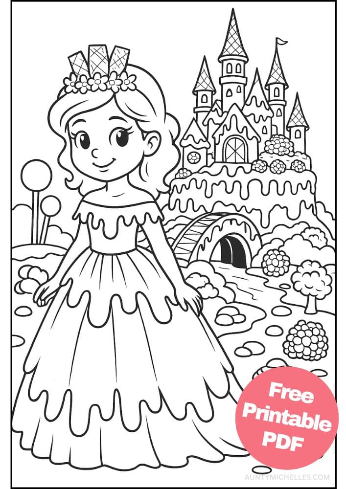 Free Printable Princess Coloring Pages for Kids Inclusive Colouring Book Printout chocolate candy waffer princess castle