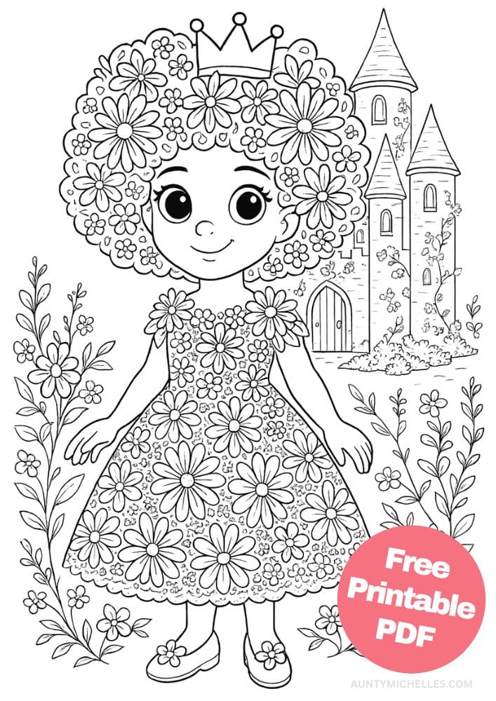 Free Printable Princess Coloring Pages for Kids Inclusive Colouring Book Printout flower garden meadow princess castle