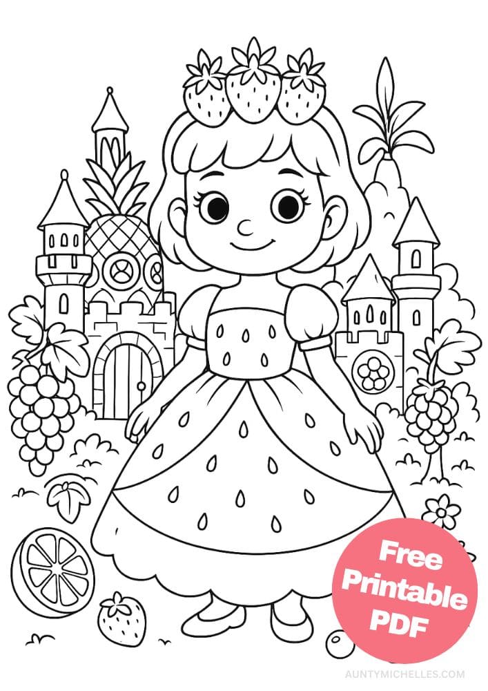 Free Printable Princess Coloring Pages for Kids Inclusive Colouring Book Printout fruit princess watermelon strawberry pineapple