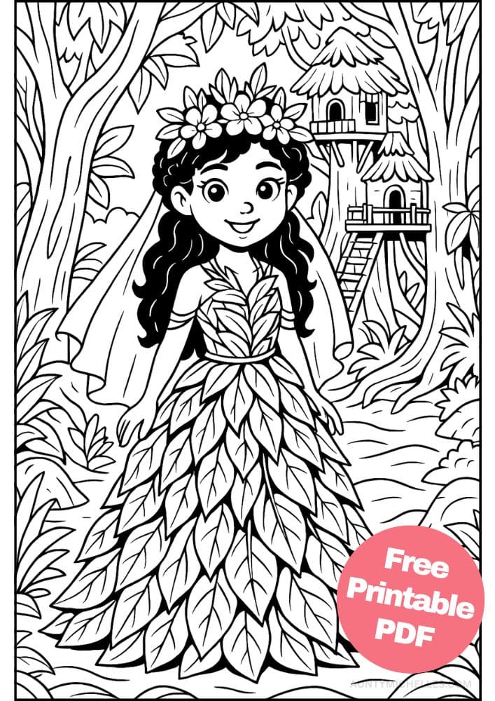 Free Printable Princess Coloring Pages for Kids Inclusive Colouring Book Printout jungle rainforest princess castle