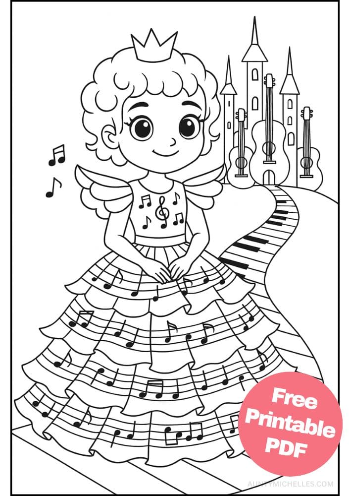 Free Printable Princess Coloring Pages for Kids Inclusive Colouring Book Printout music princess song castle piano guitar