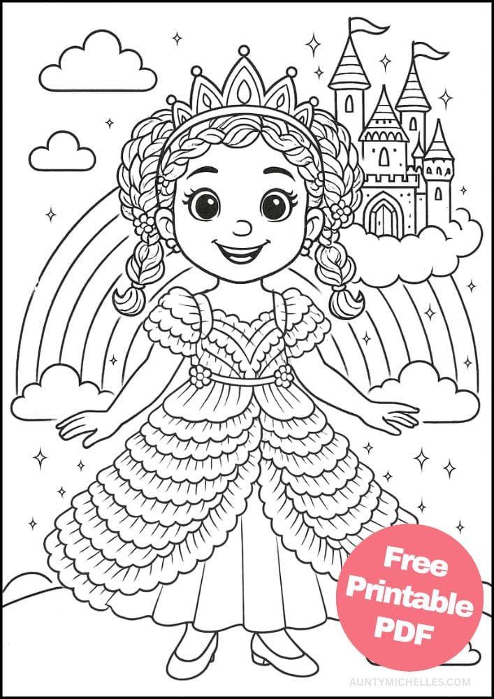 Free Printable Princess Coloring Pages for Kids Inclusive Colouring Book Printout rainbow sparkle princess castle