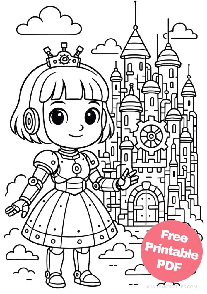 Free Printable Princess Coloring Pages for Kids Inclusive Colouring Book Printout robot princess castle