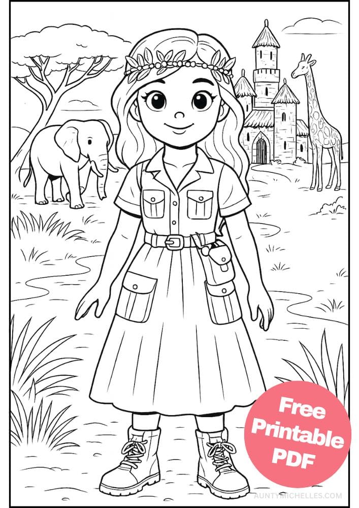 Free Printable Princess Coloring Pages for Kids Inclusive Colouring Book Printout safari animal kingdom princess adventure wildlife