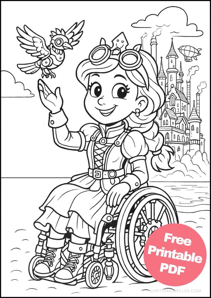 Free Printable Princess Coloring Pages for Kids Inclusive Colouring Book Printout steampunk wheelchair disabled inventor princess
