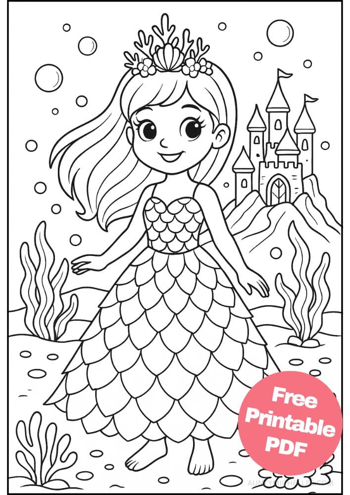 Free Printable Princess Coloring Pages for Kids Inclusive Colouring Book Printout under the sea ocean princess sand castle