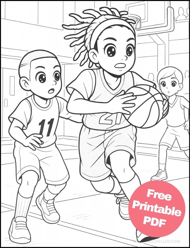 Free Printable Basketball Coloring Pages for Kids Sports Colouring Book Printout boys dribble shoot layup