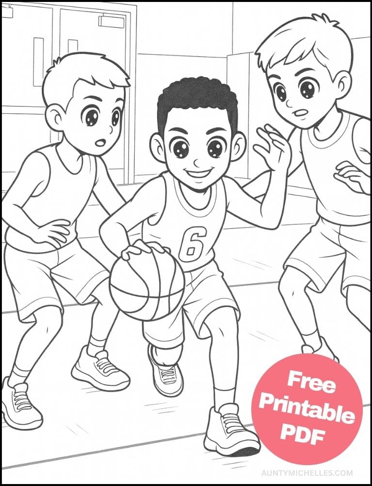 Free Printable Basketball Coloring Pages for Kids Sports Colouring Book Printout boys mens dribbling diverse