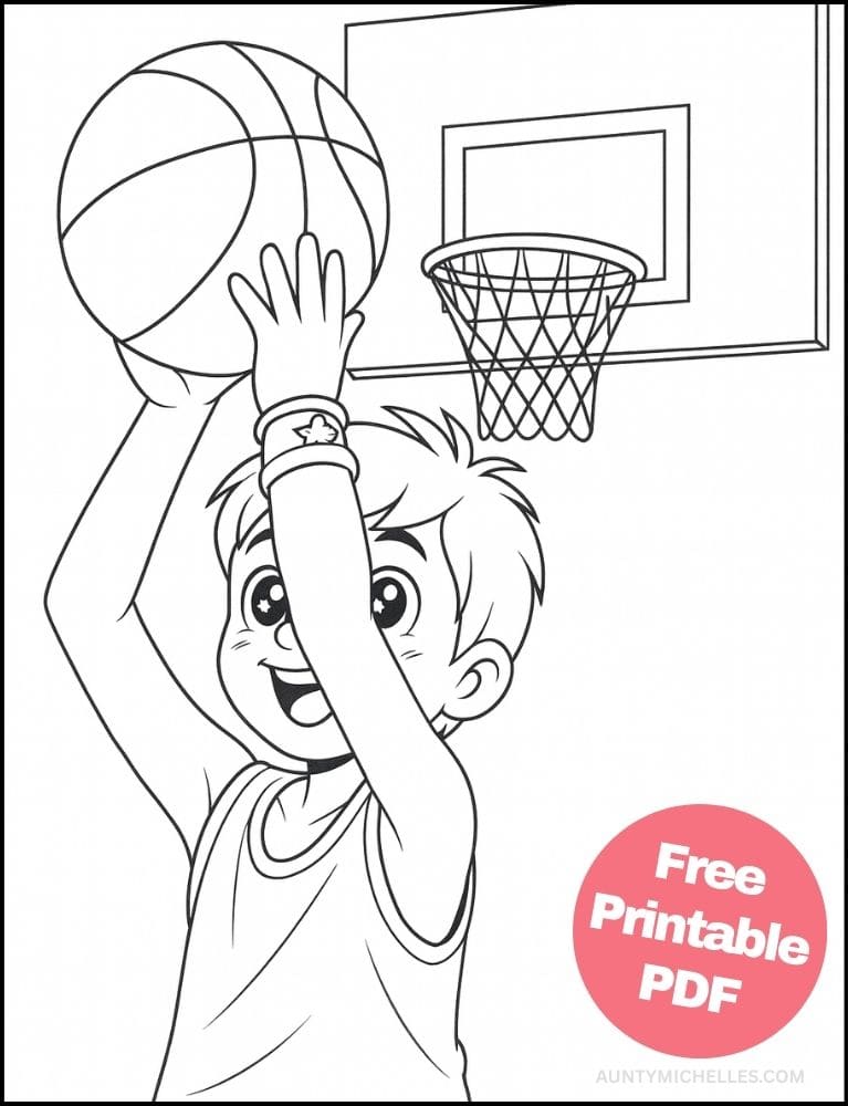 Free Printable Basketball Coloring Pages for Kids Sports Colouring Book Printout boys shooting hoop