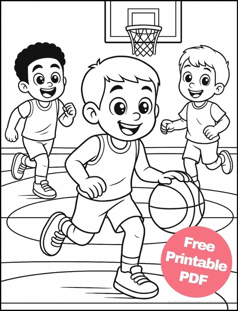 Free Printable Basketball Coloring Pages for Kids Sports Colouring Book Printout diverse boy man dribble court