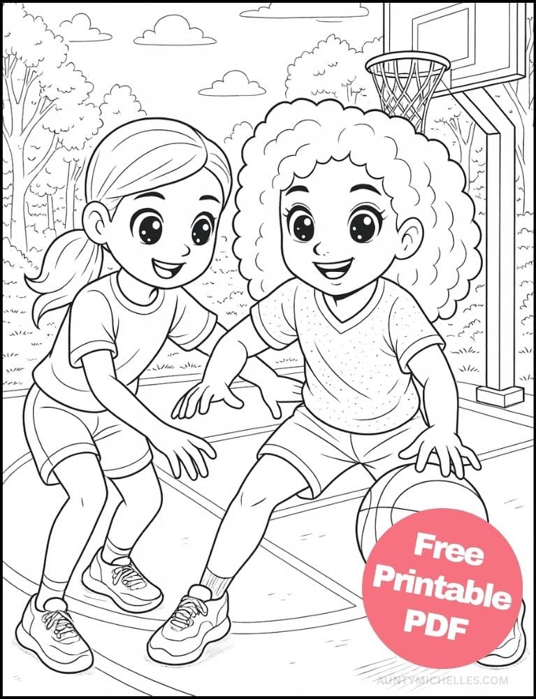 Free Printable Basketball Coloring Pages for Kids Sports Colouring Book Printout dribbling outside girls women diverse