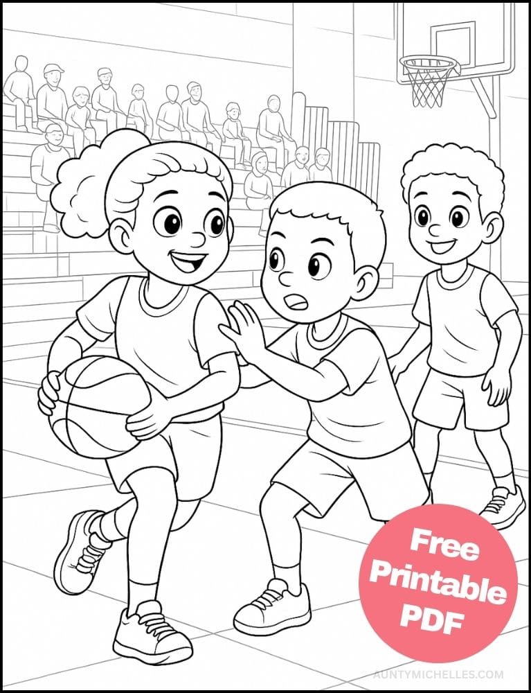 Free Printable Basketball Coloring Pages for Kids Sports Colouring Book Printout girls boys diverse game passing