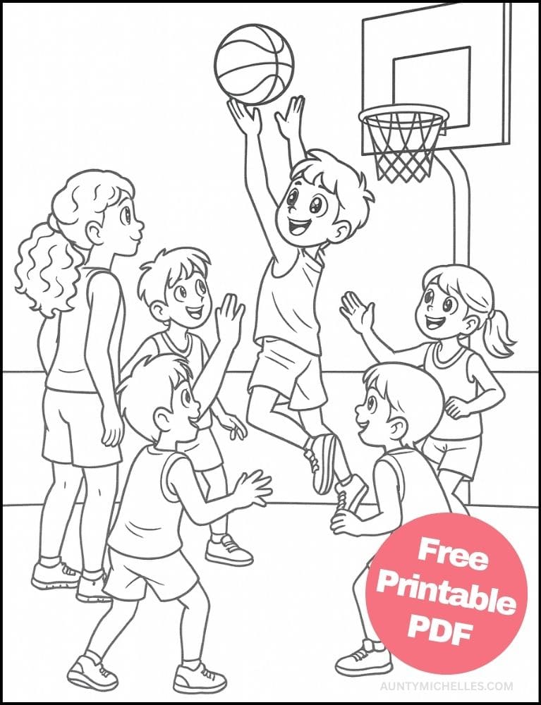 Free Printable Basketball Coloring Pages for Kids Sports Colouring Book Printout group boys girls shooting layup
