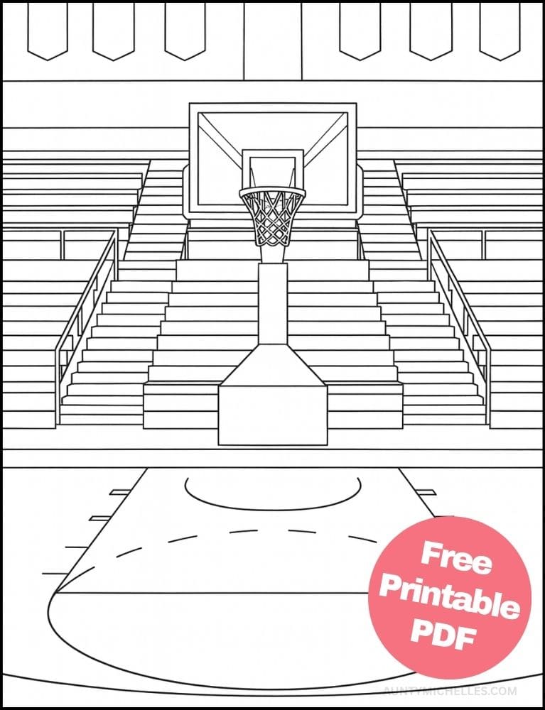 Free Printable Basketball Coloring Pages for Kids Sports Colouring Book Printout indoor court hoop bleachers stadium