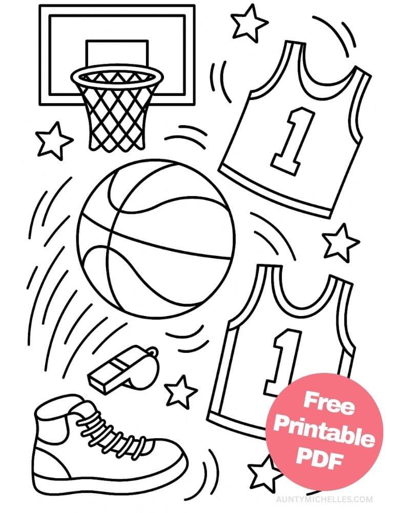 Free Printable Basketball Coloring Pages for Kids Sports Colouring Book Printout items whistle hoop ball jersey sneakers