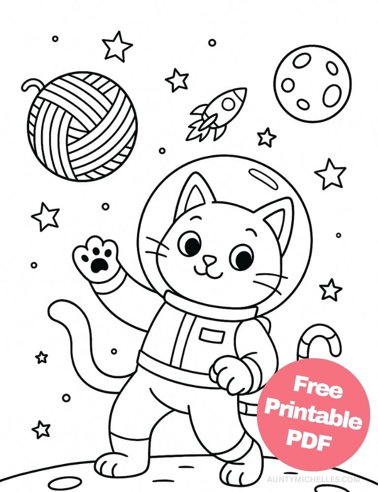 This coloring page features a cute cartoon cat floating freely through outer space in a round astronaut helmet and space suit, its tail gently drifting in zero gravity.