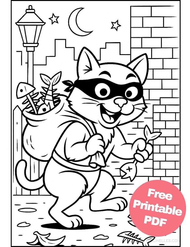 This coloring page features a sneaky but cute cat tiptoeing through an alley with a sack full of stolen fish bones over its shoulder.