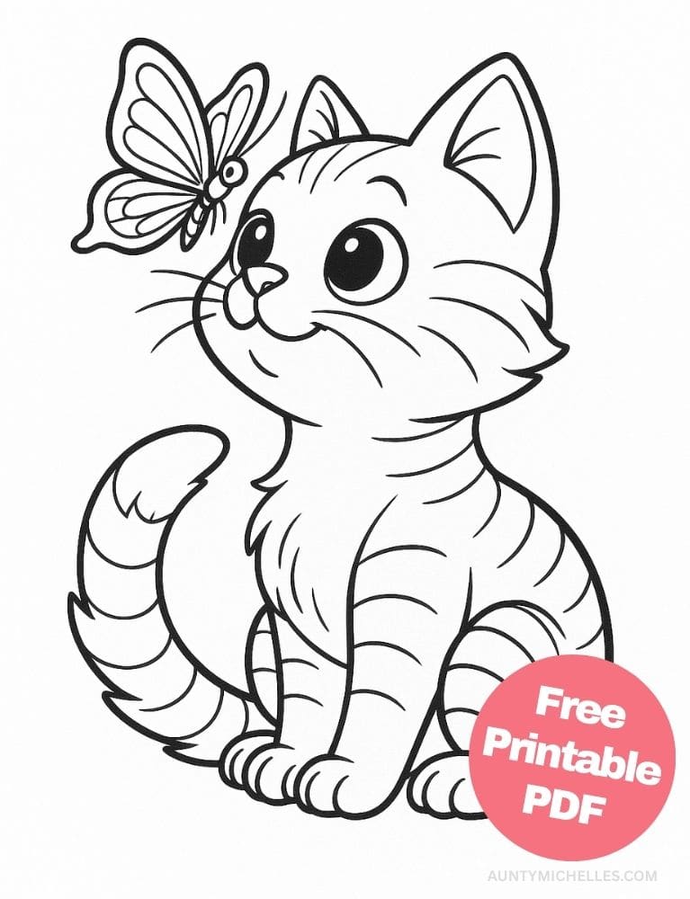 This coloring page features a cheerful cartoon cat sitting upright with big sparkling eyes as a playful butterfly flutters nearby.