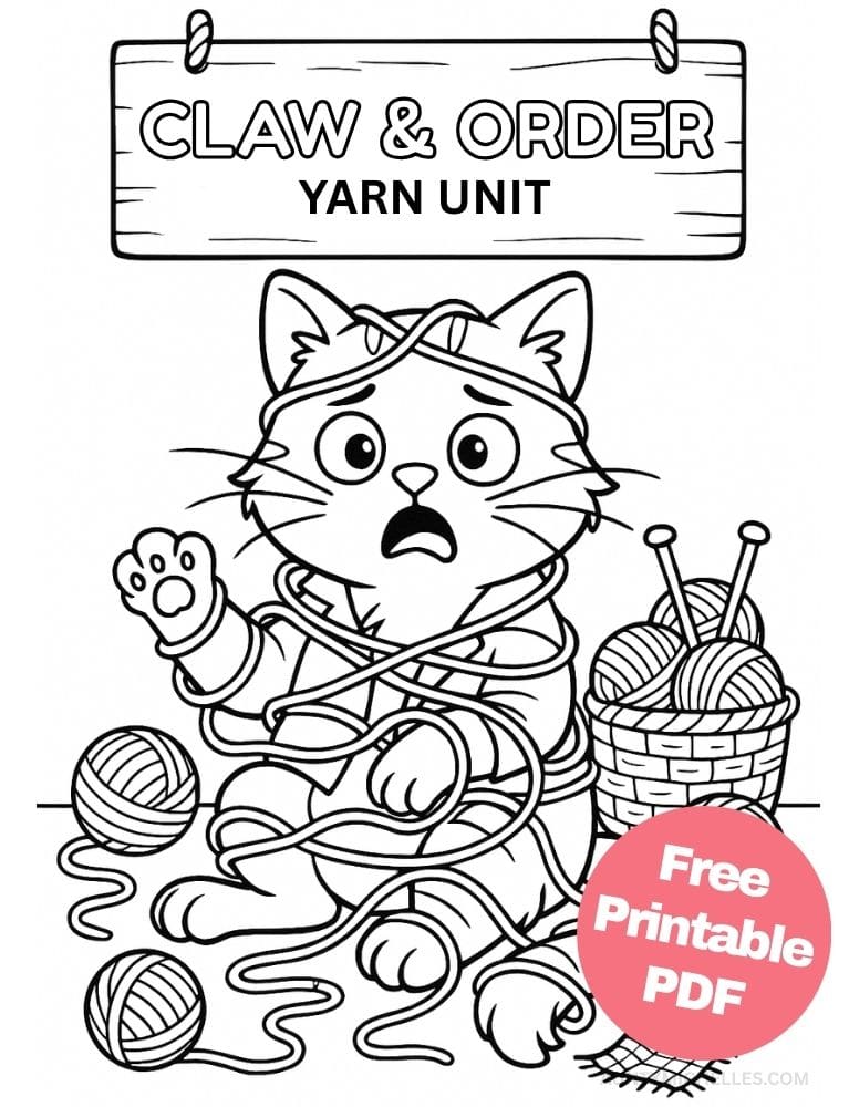 This coloring page features a cat trapped in yarn beneath a large sign that reads “Claw and Order – Yarn Unit.” The cat’s expressive face, wrapped-up paws, and the surrounding yarn strands add a touch of comedy.