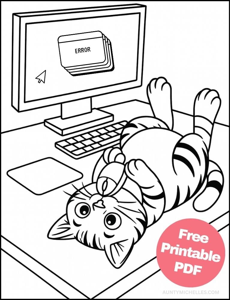 This coloring page shows a playful cat lying upside down across a desk, batting at a computer mouse it has captured between its paws.