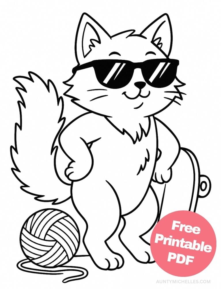 This coloring page features a confident, laid-back cartoon cat wearing sunglasses and leaning casually against a skateboard.