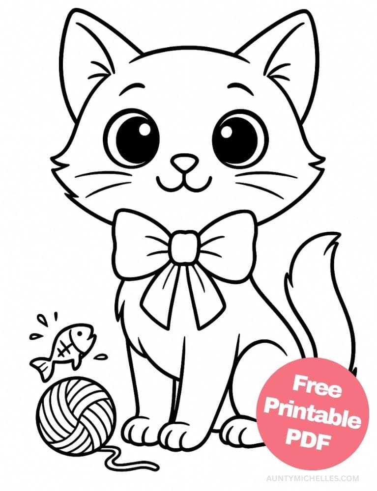 this coloring page features a cute cat with a yarn ball and a fish toy.